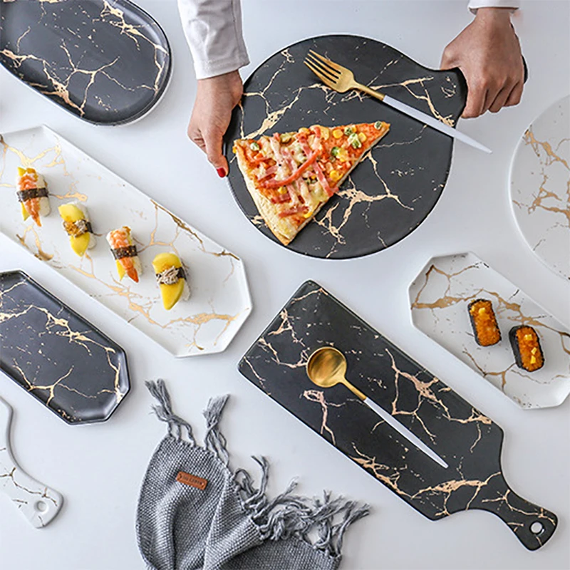 Ceramic Dishes White Black Golden And Plate Pizza Dessert Steak Tableware Decorative Food Tray Dinner Set Porcelai | Дом и сад