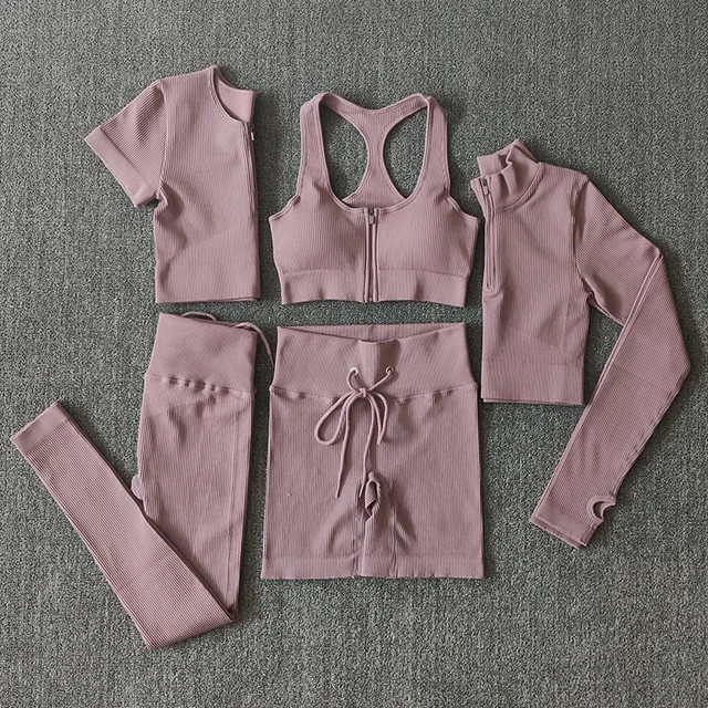 Seamless Women Yoga Set Workout Sportswear Gym Clothing Zipper Long Sleeve High Waist Leggings Fitness Bra Athletic Sports Suits 5PCSPink