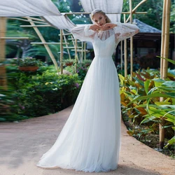 Bohemian Tulle White Wedding Dress Princess Lace Long Sleeves A Line O Neck Formal Bridal Gown For Woman Illusion Button Back