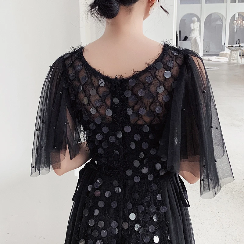 Новинка, вечернее платье с рукавом-бабочкой, Qipao, сексуальное, черное, с блестками, с бисером, перспективное, Cheongsam, элегантное, тонкое, Сетчатое, Vestidos