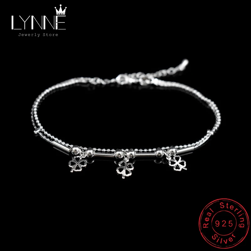 

Newest Fashion Lucky Clover Pendant Anklets Bracelet 925 Sterling Silver Small Ball Double Layer Anklet For Women Jewelry Gift