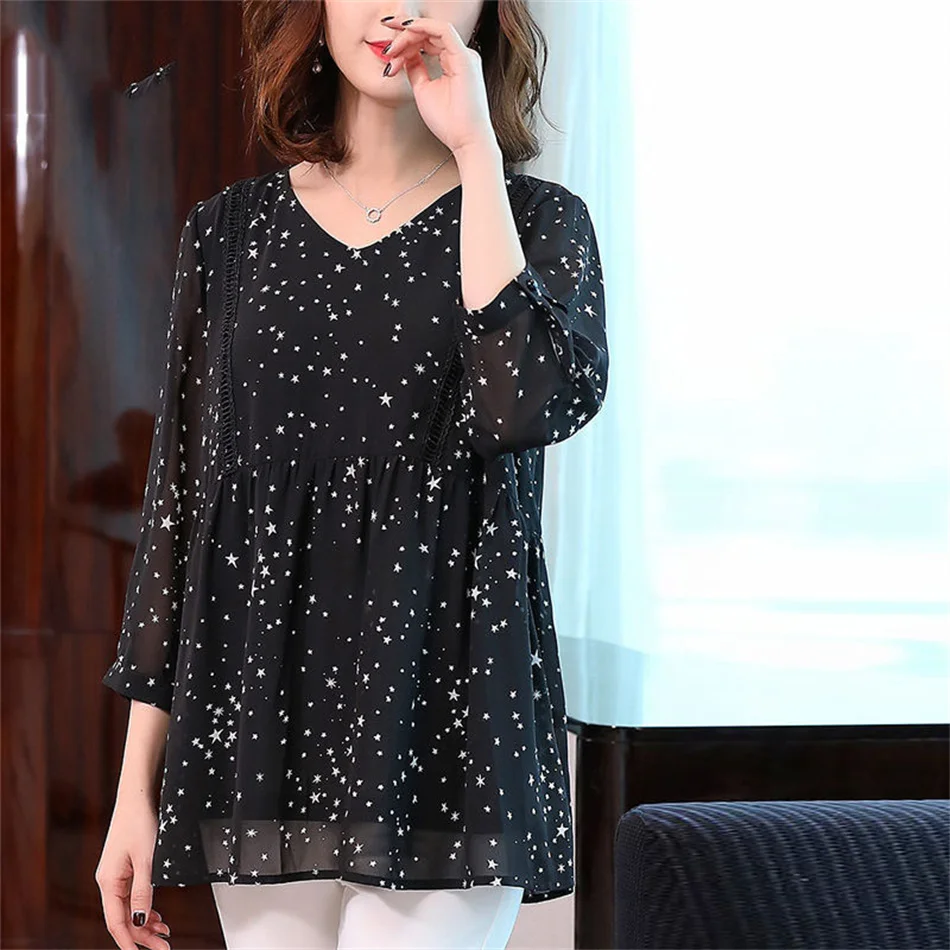 

Spring Autumn Women Pirnt Chiffon Shirts Loose Elegant Blouse Korean Fashion V-Neck Female Casual Top DD6631