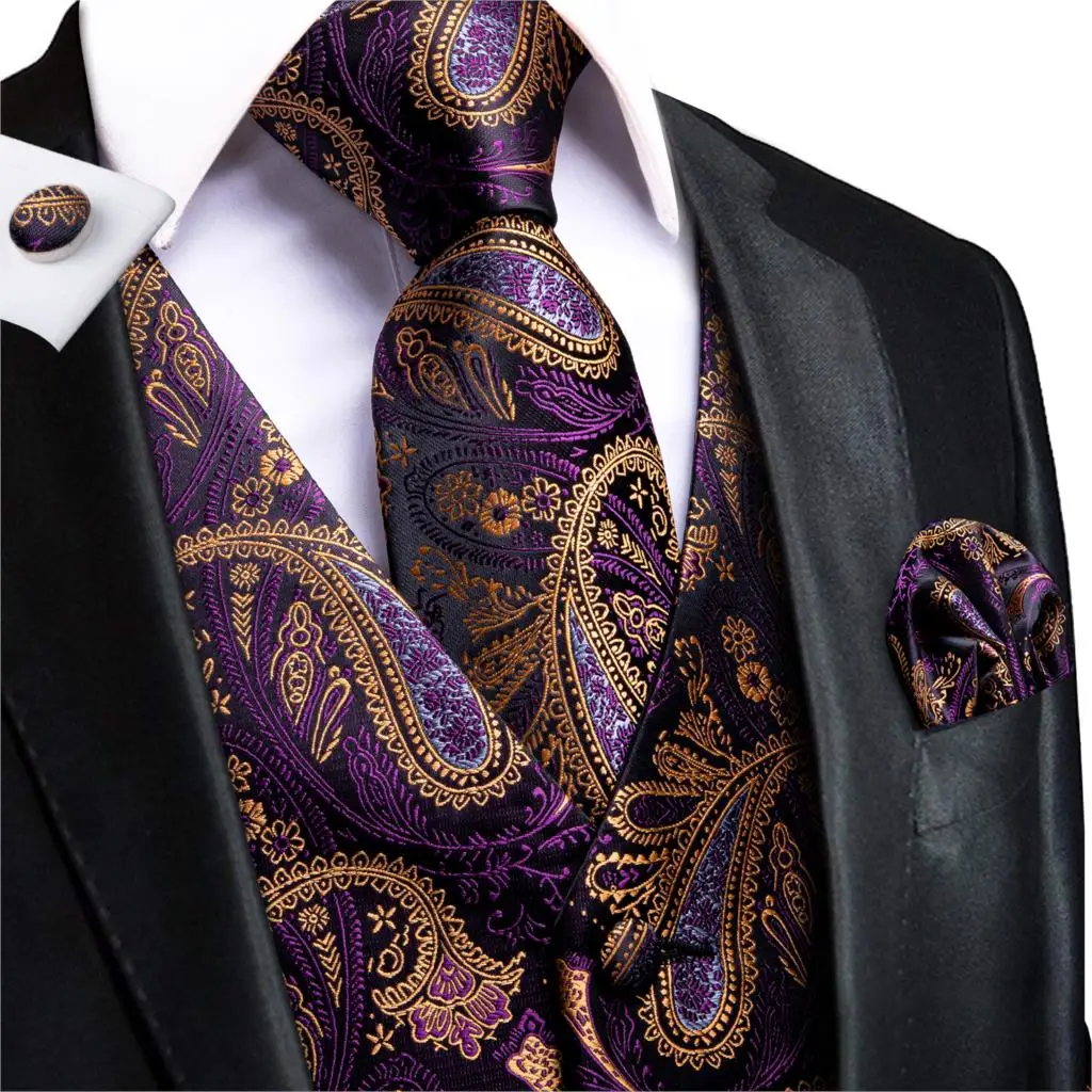 black blazer for men Hi-Tie 100% Silk Purple Gold Paisley Mens Vests With Neck Tie Hankerchief Cufflinks Set Jacquard Waistcoat for Wedding Business áo khoác blazer Suits & Blazer