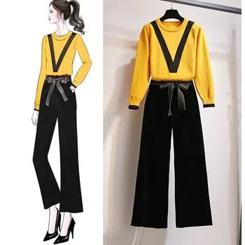 

Autumn Women's Suit Long Sleeve Sweater Tops+Wide Leg Trousers Sets Solid Casual 2 Piece Set Lady Office 2 Pcs Pants Sets S-2XL