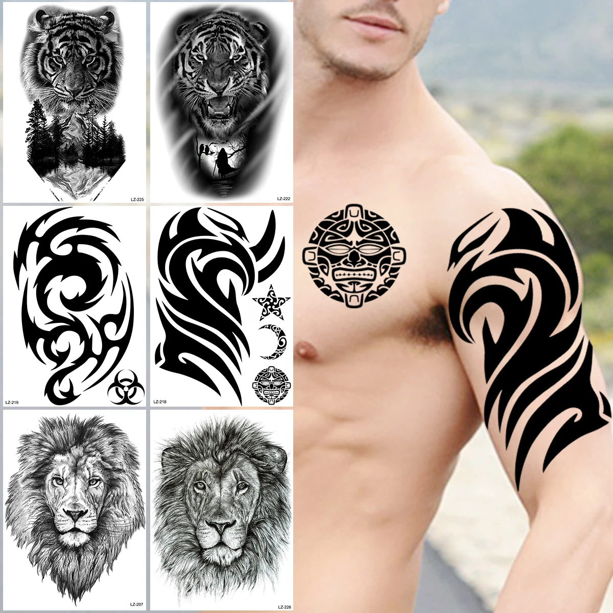 

Black Maori Temporary Tattoos For Men Boys Tiger Forest Lion Thorns Totem Fake Tattoo Sticker Chest Arm Water Transfer Tatoos 3D