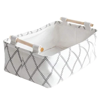 

Decorative Storage Basket Bins - Foldable Fabric Gift Baskets Empty with Wooden Handles White Rectangular Collapsible