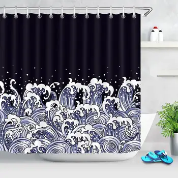 

Sea Wave Shower Curtain Fabric Bathing Curtain Set with Hooks Ocean Japanese Style Art Bathroom Decor Bathtub Curtains Polyester