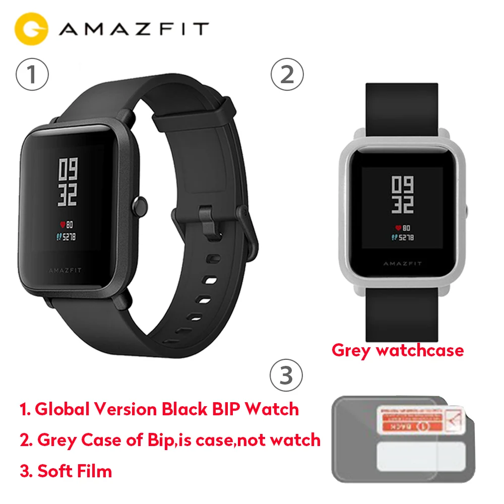 Официальные Смарт-часы Amazfit Bip, gps, умные часы, 45 дней в режиме ожидания, монитор сердечного ритма, будильник, вибрация, IP68, водонепроницаемые, напоминание о звонках - Цвет: Black add Grey Case