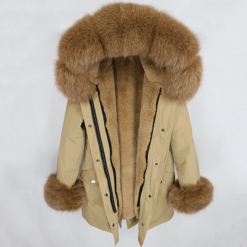 beige camel Новая водонепроницаемая парка зимняя куртка Для женщин пальто из натурального меха, сапоги на натуральном лисьем меховой капюшон, воротник манжеты Теплая верхняя одежда в уличном стиле - Цвет: beige camel