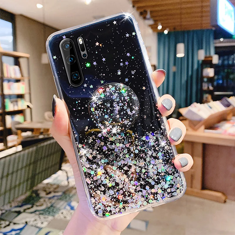 Bling Glitter Silver Foil Phone holder Case For Huawei P40 P30 P20 Pro P10 P9 P8 Lite 2017 Transparent Soft Silicone Stand Cover mobile pouch waterproof