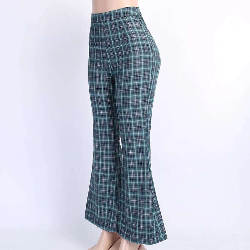 Винтажные клетчатые женские брюки с высокой талией и расклешенным низом, Стрейчевые брюки в стиле хиппи, повседневные праздничные брюки#3s