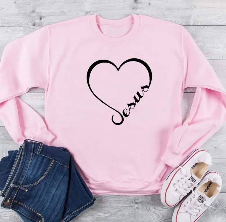 Pink-black text Женская толстовка с надписью «Jesus love heart», религиозная вера, сольган, хлопок, длинный рукав, женские топы с изображением Иисуса, христианский пуловер - Цвет: Pink-black text