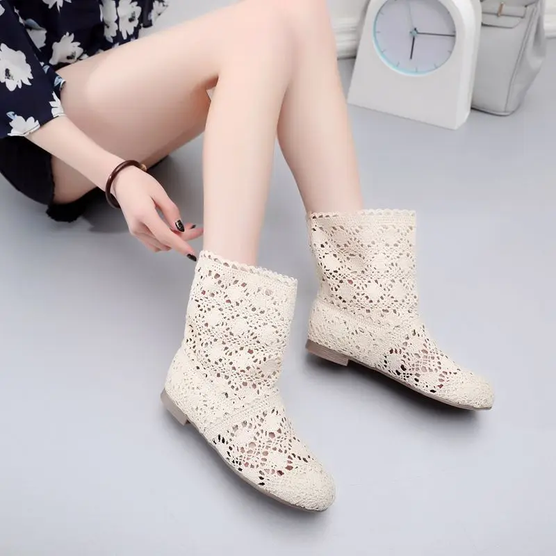 

Summer New Style Hollow out Mesh Shoes Korean-style Versatile Martin Boots Women's Casual Flat Short Boots Hight-top Knitted Stu