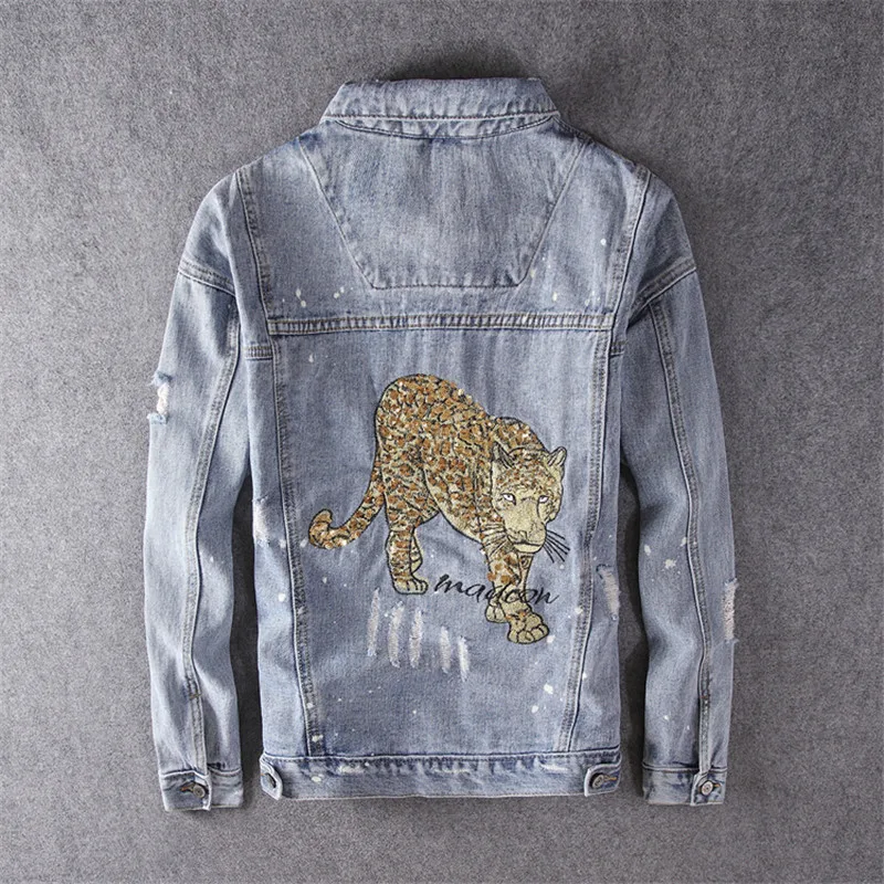 

KIMSERE Fashion Men Hi Street Ripped Jean Jackets With Tiger Embroidery Painted Denim Trucker Jacket Outerwear With Holes Washed