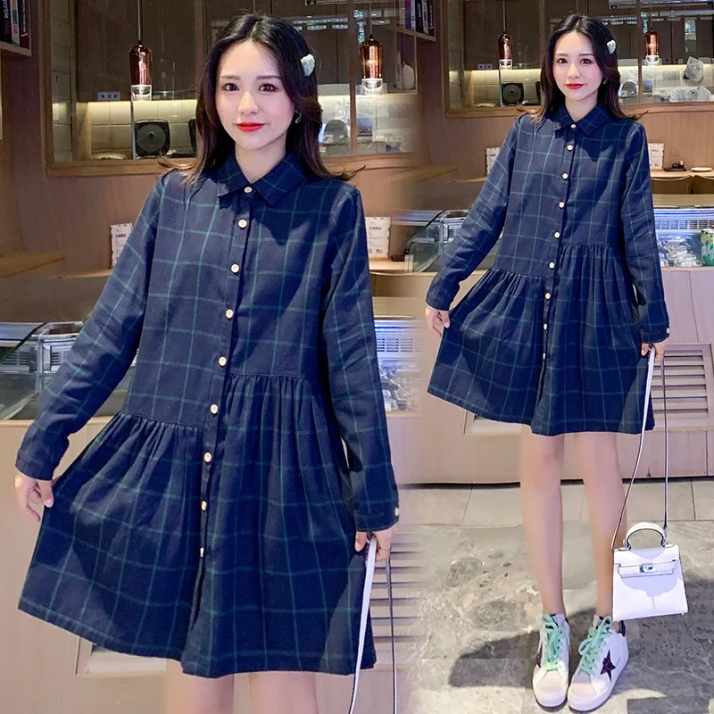 

Maternity Clothes 2020 Spring And Autumn New Style Plaid Fold-down Collar Shirt Mid-length Pregnant Women Dress