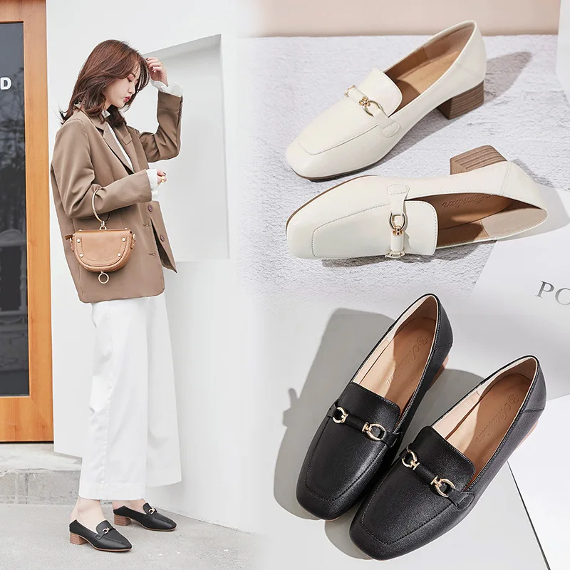 

Chunky-Heel Shoes Women's 2020 Spring And Summer Autumn New Style Slip-on Semi-high Heeled Loafers Women's Square Head Low-Cut S