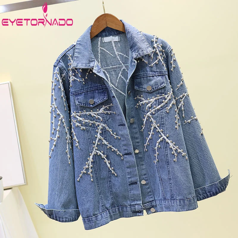 

Boyfriend Embroidery Rivet Denim Jacket Short Casual Oversize Large Size Jean Jacket Long Sleeve Harajuku Cowboy Denim Coat