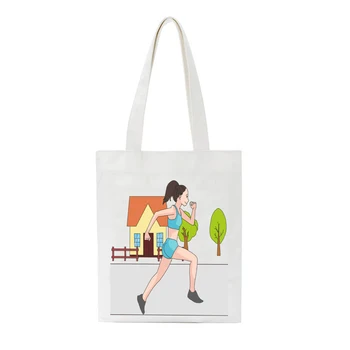 

Running Girl Print Women's Canvas Bag Female Large Capacity Harajuku Shopping Shoulder Tote Bag Ladies Simple Fashion Handbags