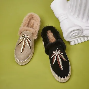 

Womens Round Toe Suede Leather Embroidery Real Mink Fur Mules Slipper Wedge Straw Platform High Heel Shoes 2Colors New Arrival