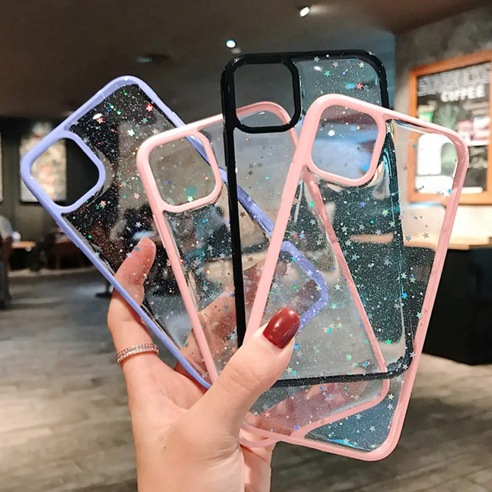 Блестящий чехол для телефона IPhone 11 12 Mini Pro Max XR X XS 7 8 6 6s Plus SE 2020 Прозрачный блестящий