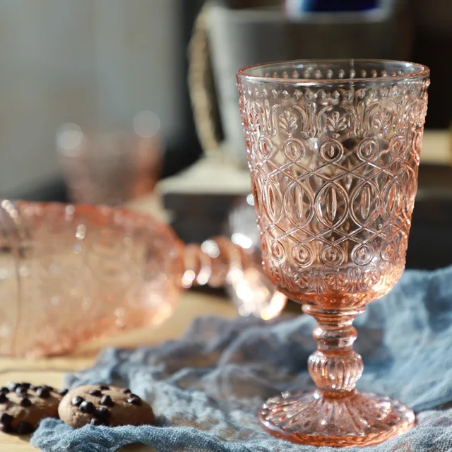 Red Wine Glass Set of 2 350 ml Orange Pink Goblet Retro Embossed