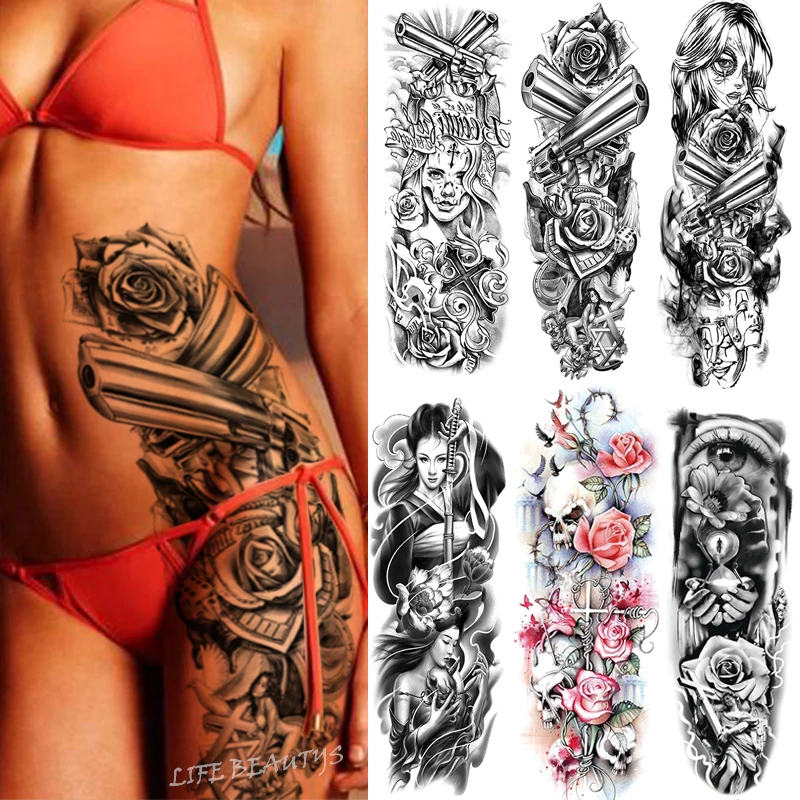 

Large Arm Sleeve Tattoo Flower Soldier Gun Demon Waterproof Temporary Tattoo Stickers Japanese Body Art Full Fake Rose Women