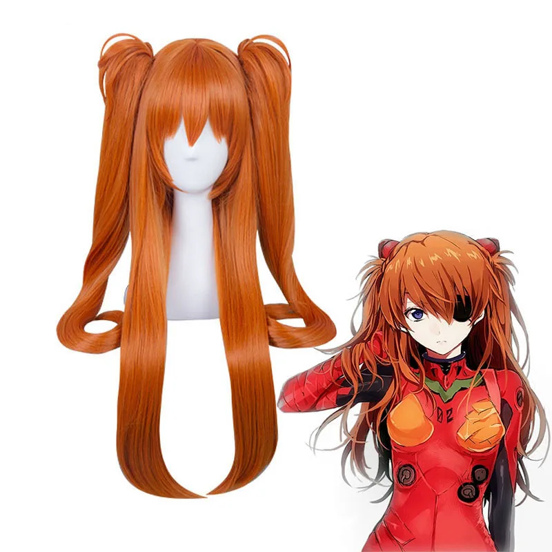 

Anime Eva Asuka Langley Soryu Cosplay Wigs Long Orange With 2 Ponytail Clips Heat Resistant Synthetic Hair Wig