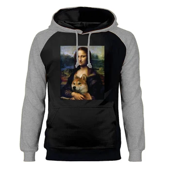 

Mona Lisa And Shiba Inu Hoodies Sweatshirts Funny Raglan Hooded Hoody Sweatshirt Winter Autumn Fleece Warm Print Sportswear Mens