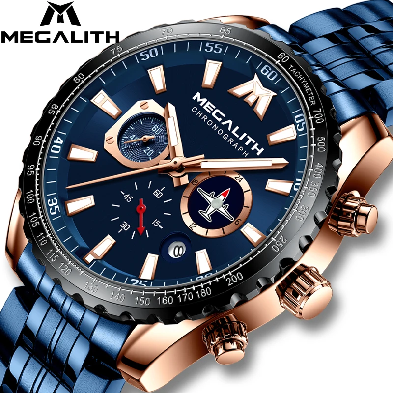 Megalith Sports Watches Men Original Design Luminous Quartz Watch 30m  Waterproof Blue Full Steel Military Wrist Watch Man 8212 - Quartz  Wristwatches - AliExpress
