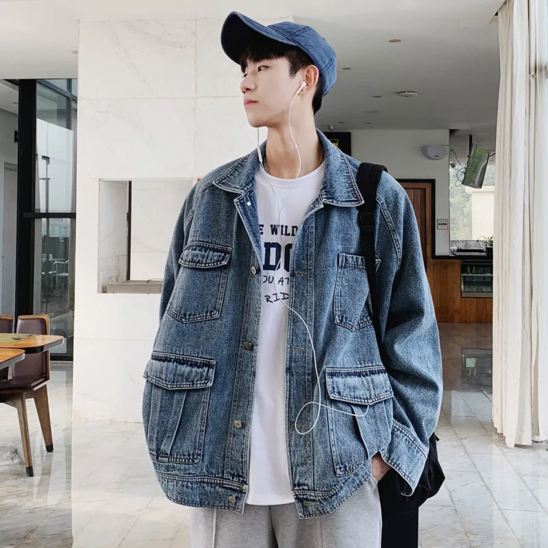 

Autumn New Denim Jacket Men Fashion Washed Solid Color Casual Multi-pocket Tooling Denim Jacket Man Hip-hop Loose Bomber Jacket