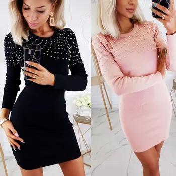 

Sexy Round Neck Beading Long Sleeve Skinny Women Mini Dress Sexy Dress Women Party Night Club Wear Bodycon Dress