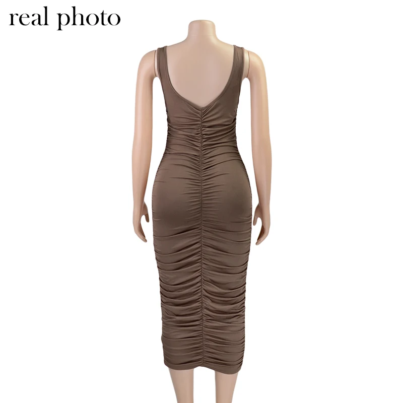 Simenual Ruched Solid Sexy Bodycon Party Dresses Women Fashion Sleeveless Skinny Clubwear Basic Hot Midi Dress 2020 Slim Female