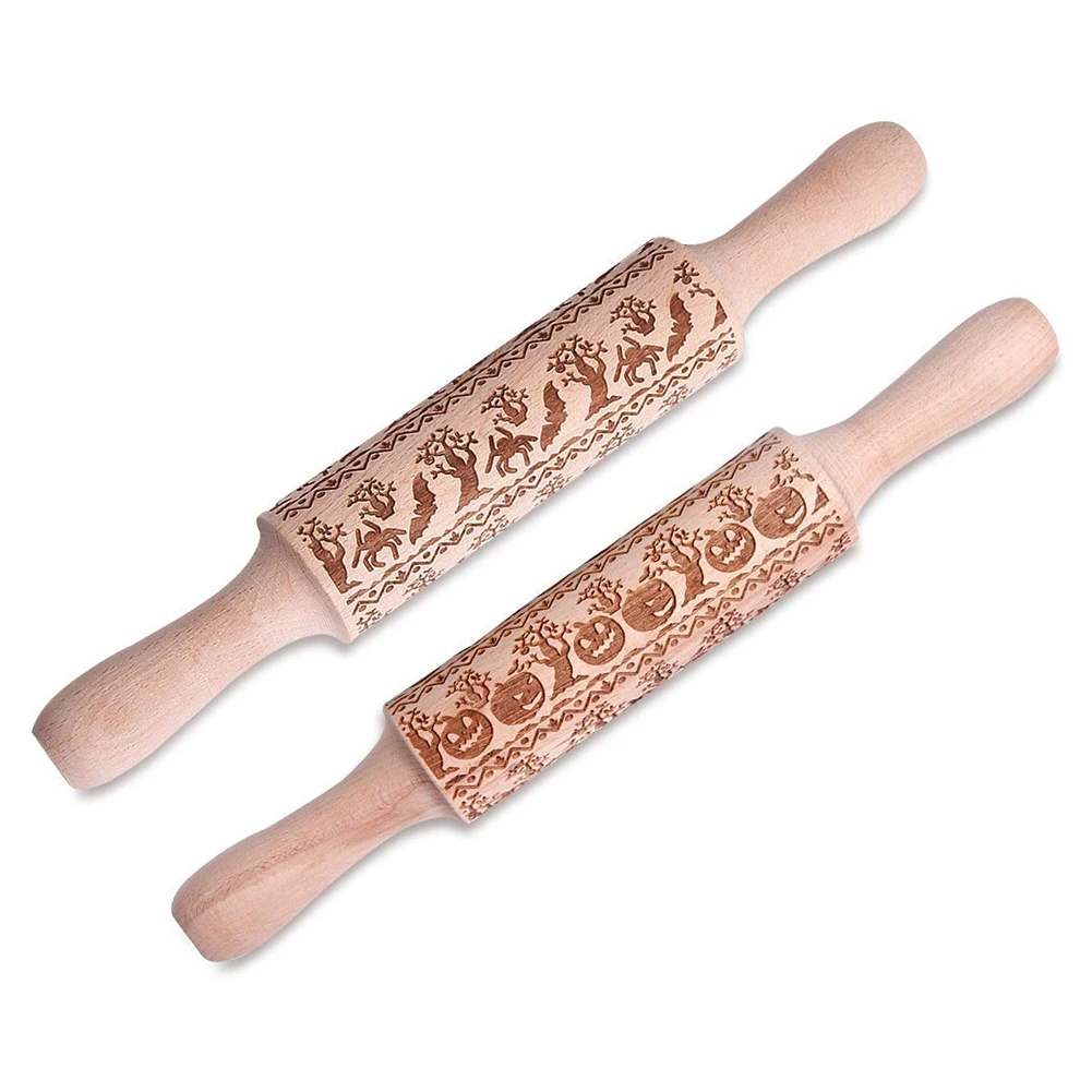 

Christmas Rolling Pins Pumpkin Bat Wooden Rolling Embossing Baking Cookies Biscuit Fondant Cake Patterned Roller