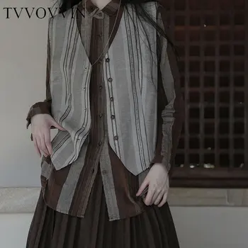 

Korea Vintage Striped Vest Linen Material V Neck Sleeveless Women Tops Fashion Loose Wild Simple Literary Clothes 2020 XJ4839