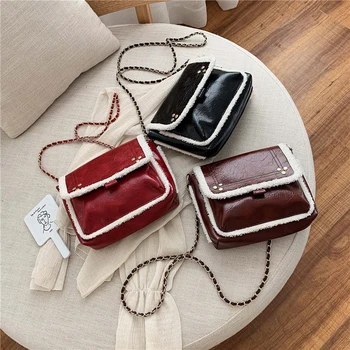 

Fashion Splicing PU Leather Fleece Messenger Bag Women Autumn Large Capacity Rivets Shoulder Handbags Portable Top-handle Totes