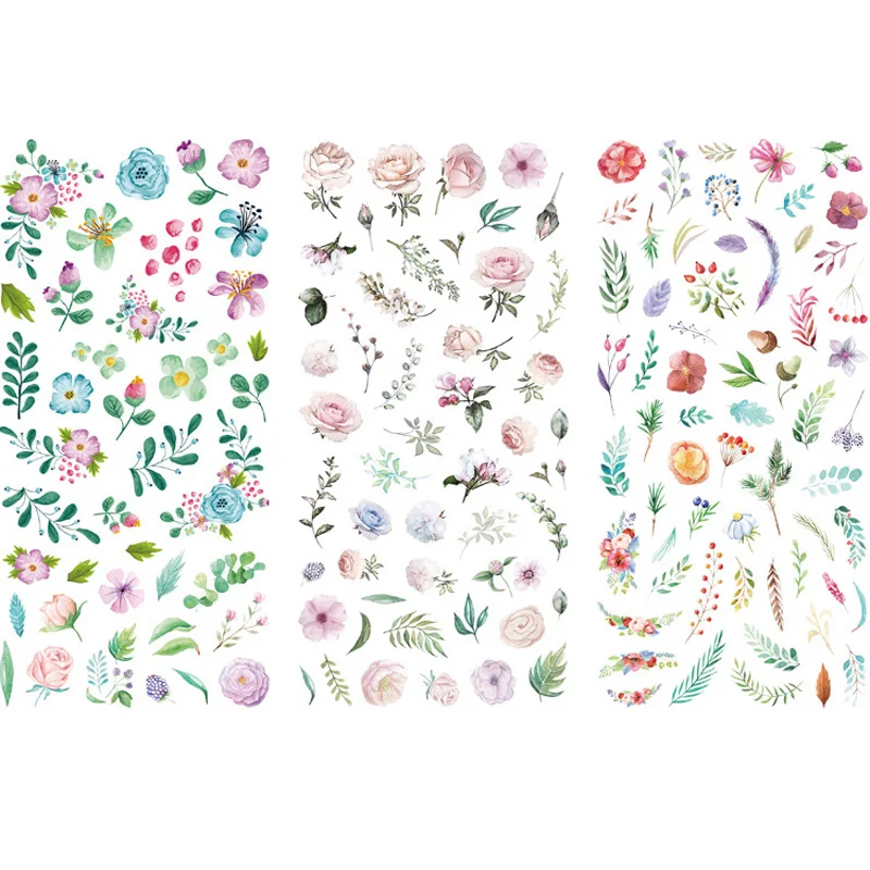 Paquete de 3 hojas de papel Washi, pegatinas decorativas adhesivas de flores y hojas verdes