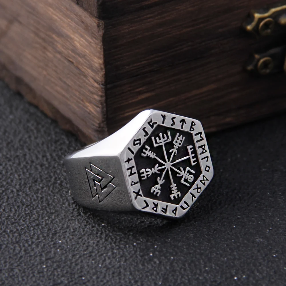 Stainless Steel Ring finger ring Viking Compass Runic Statement Men Vintage Color Nordic Viking Totem Odin