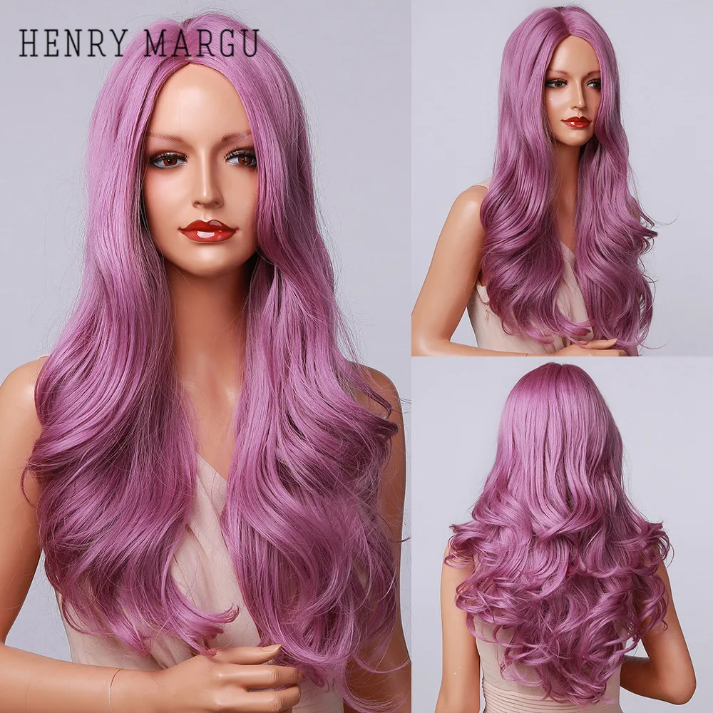 

HENRY MARGU Long Wavy Purple Synthetic Wigs for Women Natural Party Cosplay Wigs Middle Part Daily Hair Wigs Heat Resistant