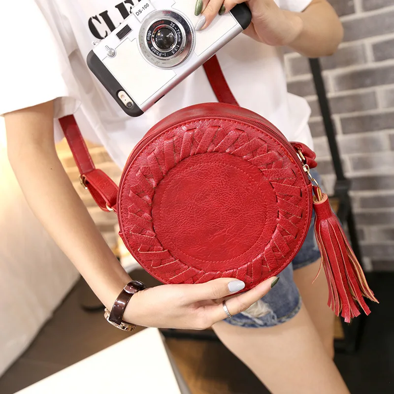

New Style WOMEN'S Bag Korean-style Fashion Weaving Small round Bag Tassels Shoulder Bag Shoulder Bag Square Sling Bag