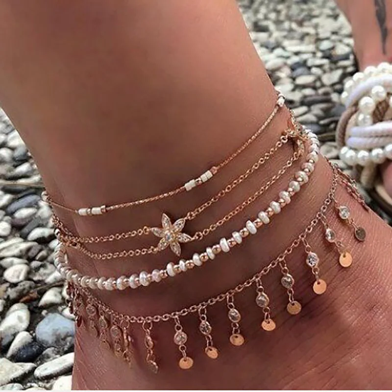 HuaTang Boho Shell Colorful Crystal Pendant Anklets Set for Women Multilayers Moon Star Rope Chains Female Summer Beach Jewelry | Украшения