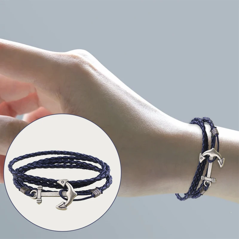 Fashion Men Wrist Bracelet Pirate Leather Anchor Stainless Steel Sports Metal Button Holiday Gifts For Boyfriend | Украшения и