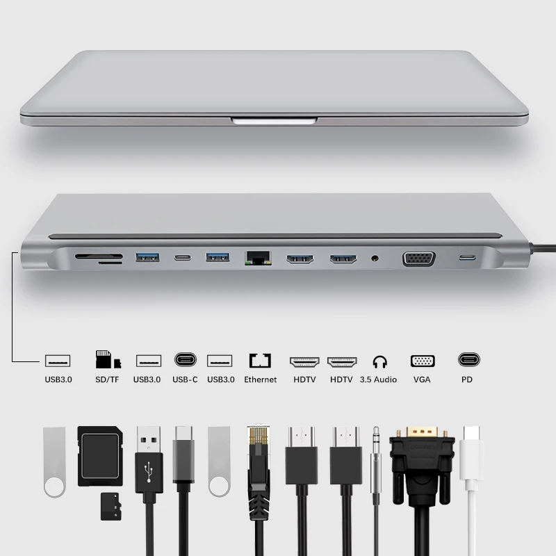 12in1 Type-c Docking Station Dual HDMI VGA Audio TF/SD Ethernet PD USB C HUB Laptop Macbook pro Docking Station