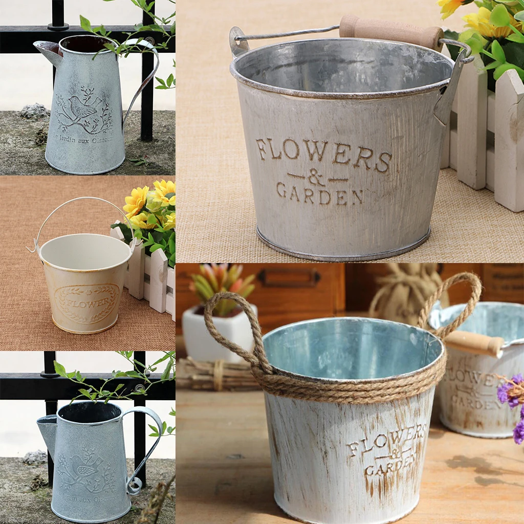 

Vintage Metal Iron Flower Plants Bucket Flower Vases Pot with Handle Home Garden Hanging Floral Decoration