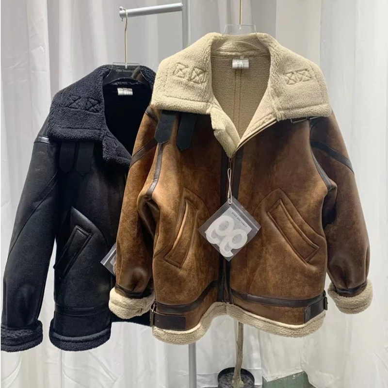 

2022 New Winter Korean Style Loose Zipper Lamb Wool Coat Women Thickened Motorcycle Vintage Leather Jacket Outwear