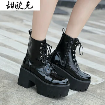 

Woman Lace Autumn Boots Womens Ladies Chunky Wedge Platform Black Patent Leather Ankle Boots Punk Goth New Arrival 2020