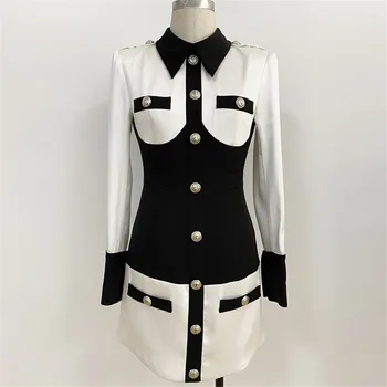 

High Quality Winter Dress Long Sleeve Patchwork Sexy Dresses Metal Lion Buttons Fashion Plus Size Dress Vestido Elegant Dress