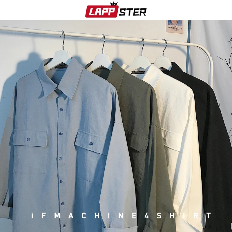 LAPPSTER Mens Korean Two Pockets Solid Shirts 2020 Mens Harajuku Loose Shirts Long Sleeve Women Casual White Button Up Shirt LAPPSTER Mens Korean Two Pockets Solid Shirts 2020 Mens Harajuku Loose Shirts Long Sleeve Women Casual White Button Up Shirt