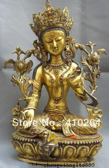 

15" Tibet Tibetan Bronze Gilt Lotus Seat Green Tara Goddess BUDDHA Statue