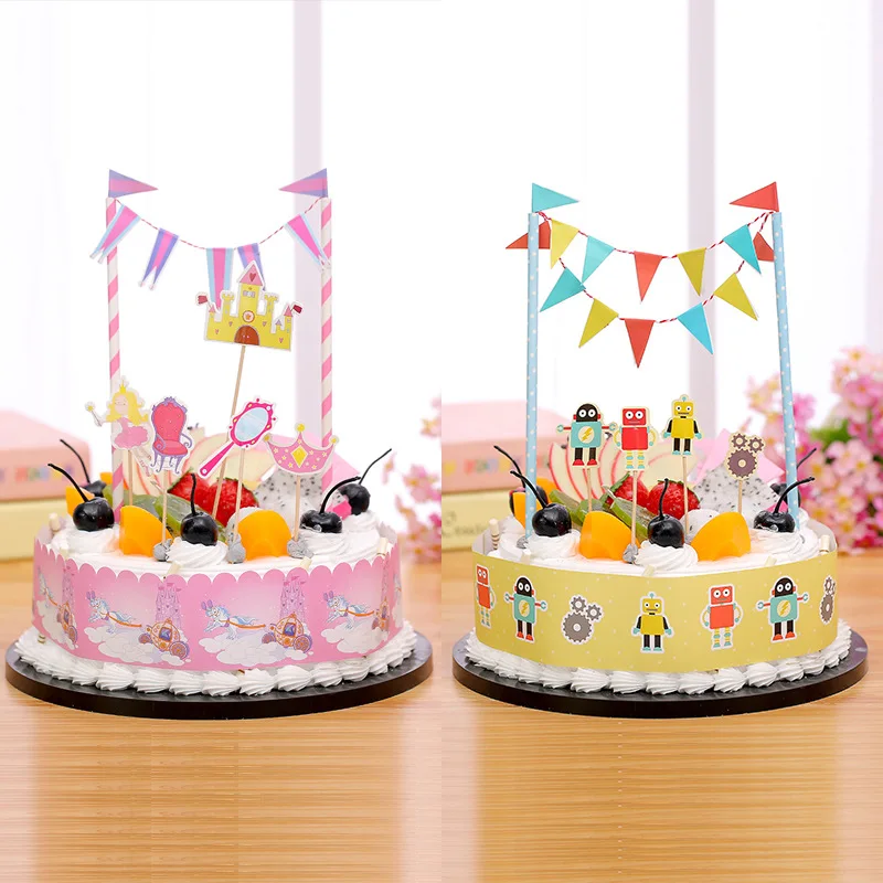 1set Happy Birthday Cake Flags Robot Pirate Spacecraft Cake Topper Mermaid Princess For Birthday Wedding Party Cake Decor