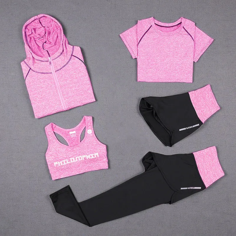 5piece-Set T-Shirt Bra-Wear Training-Set Fitness-Clothing Sport-Suit Yoga Womens 